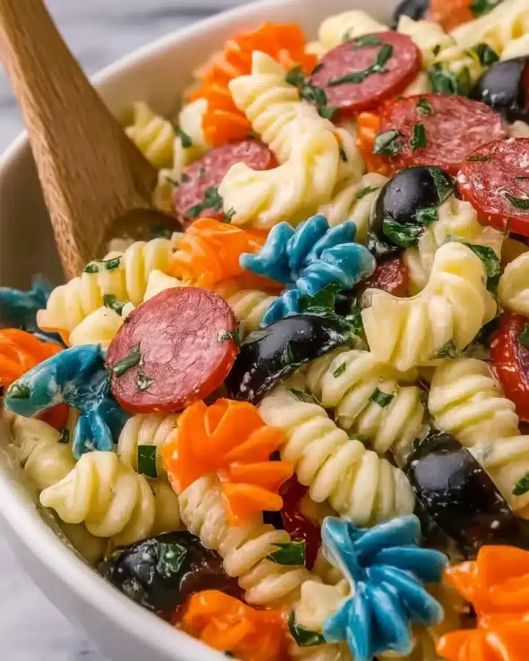 4th of July Pasta Salad featuring fresh vegetables and colorful ingredients