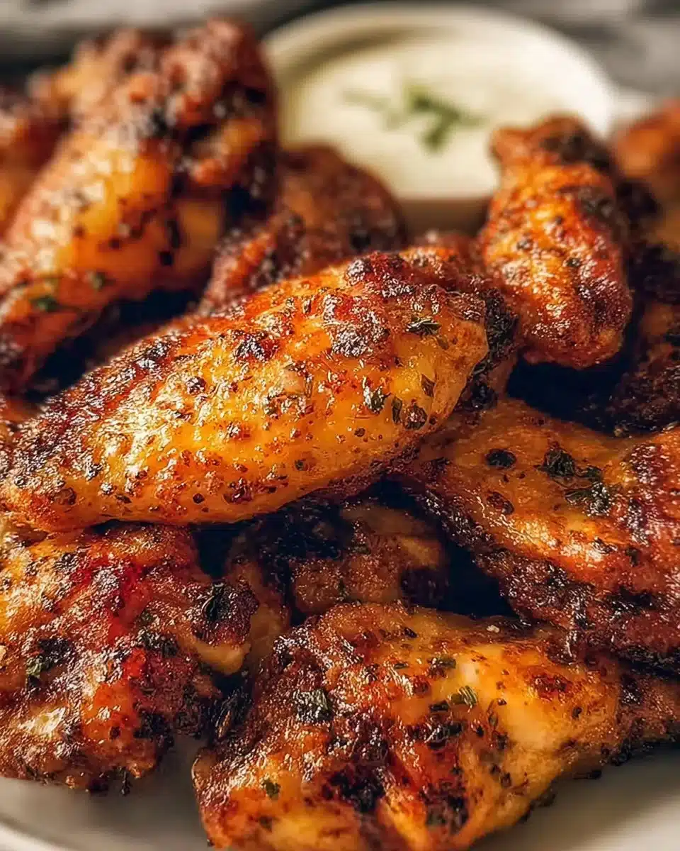Crispy air fryer chicken wings served with dipping sauce on a plate