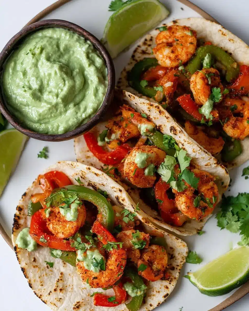 Air Fryer Shrimp Fajita Tacos garnished and served on a plate