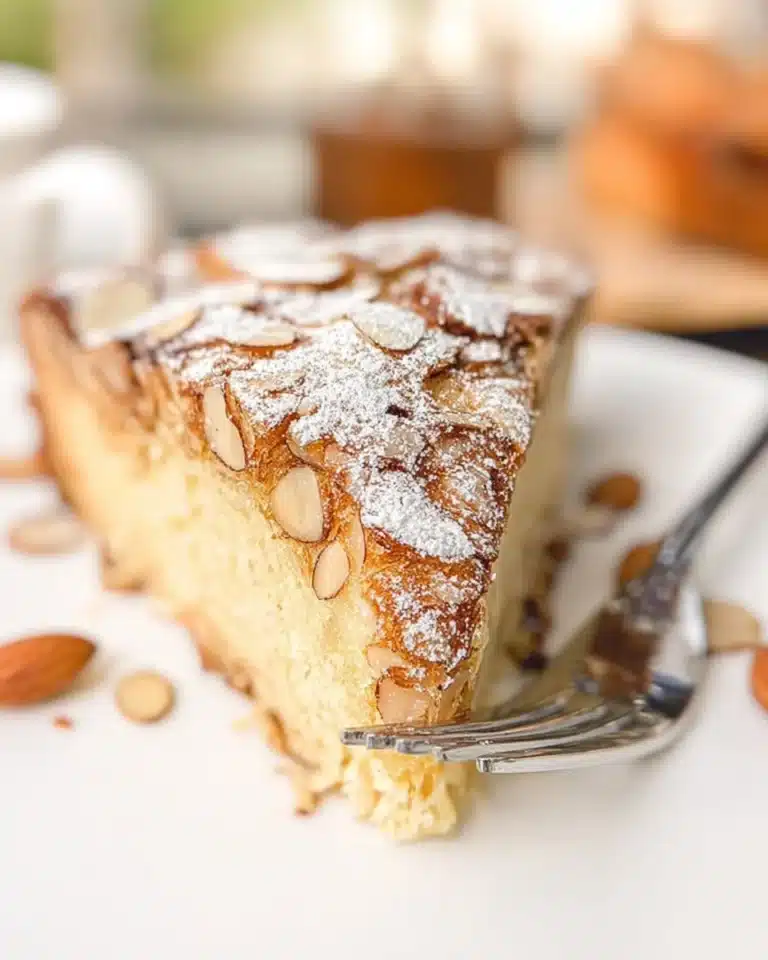 Delicious homemade Almond Croissant Cake with almond toppings and flaky layers