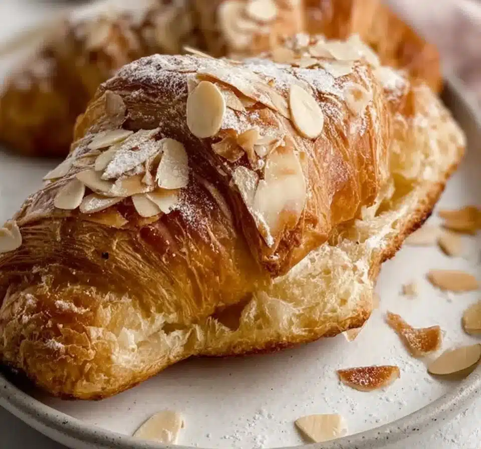 Delicious almond croissants with flaky layers and almond filling