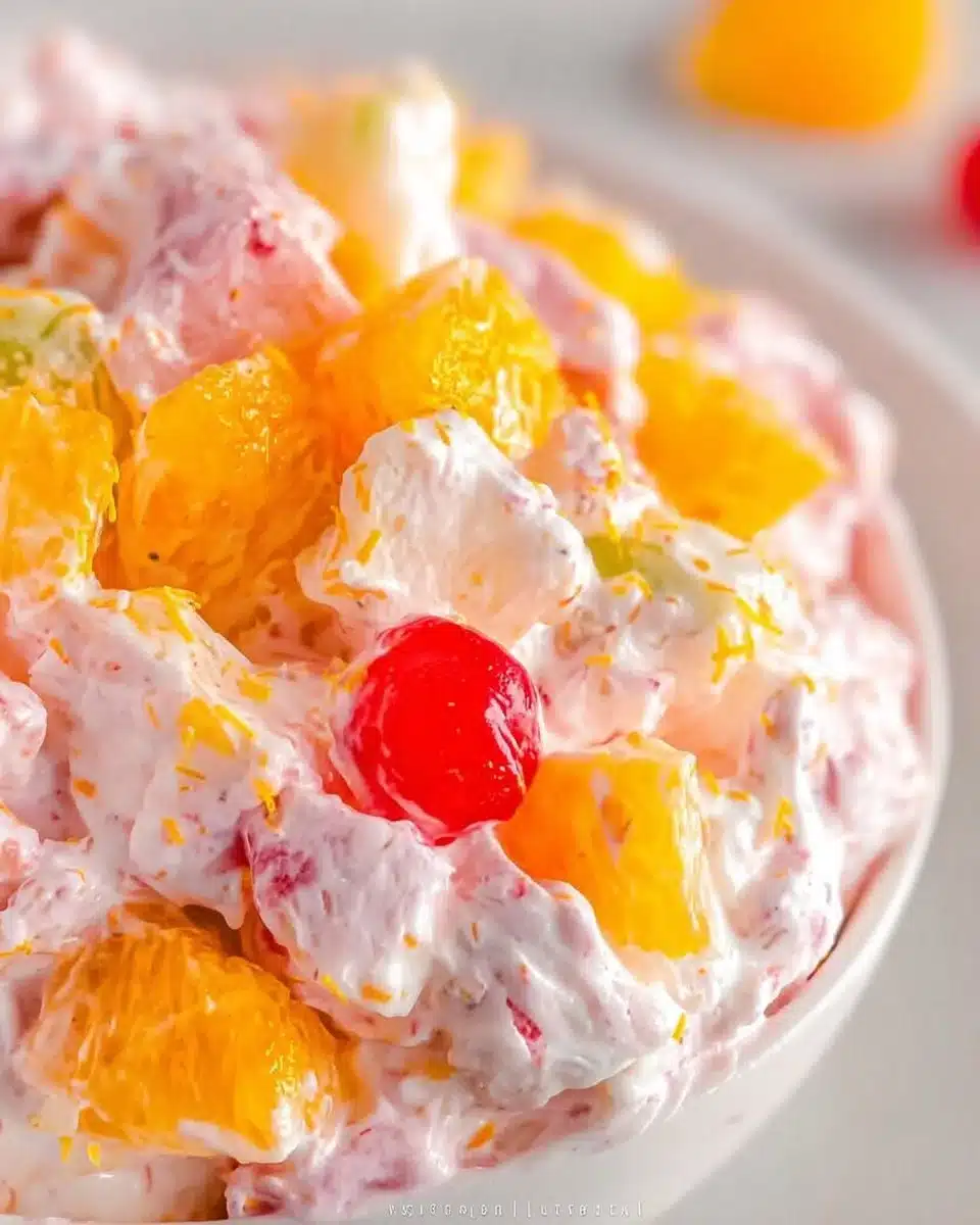 Delicious Ambrosia Salad featuring fruits and marshmallows in a bowl.
