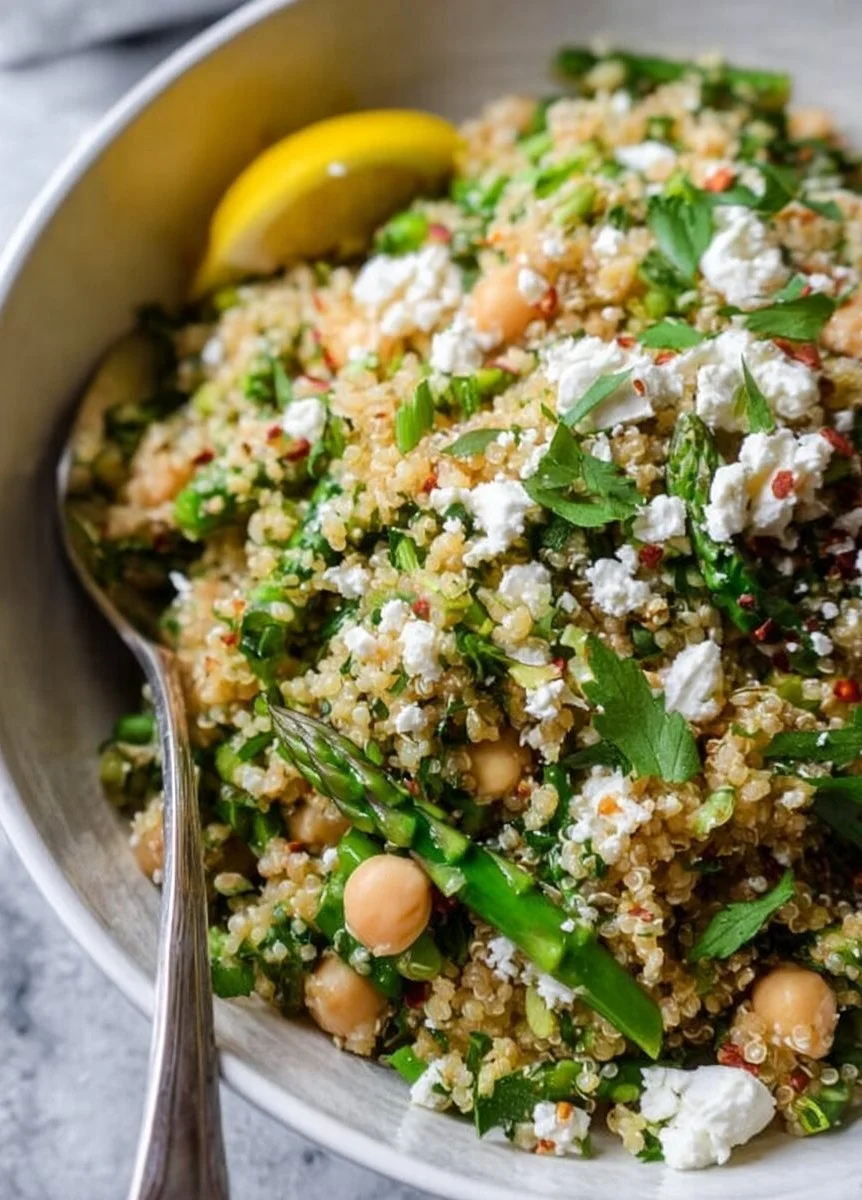 Delicious Asparagus and Chickpea Quinoa Salad with Feta