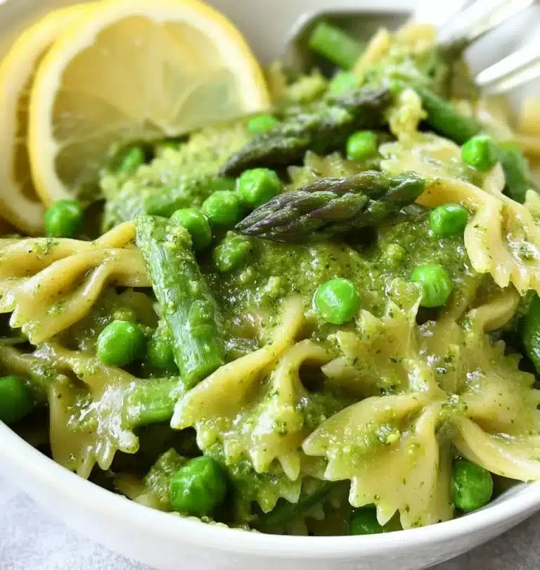A bowl of vibrant Asparagus Pesto Pasta garnished with fresh herbs.