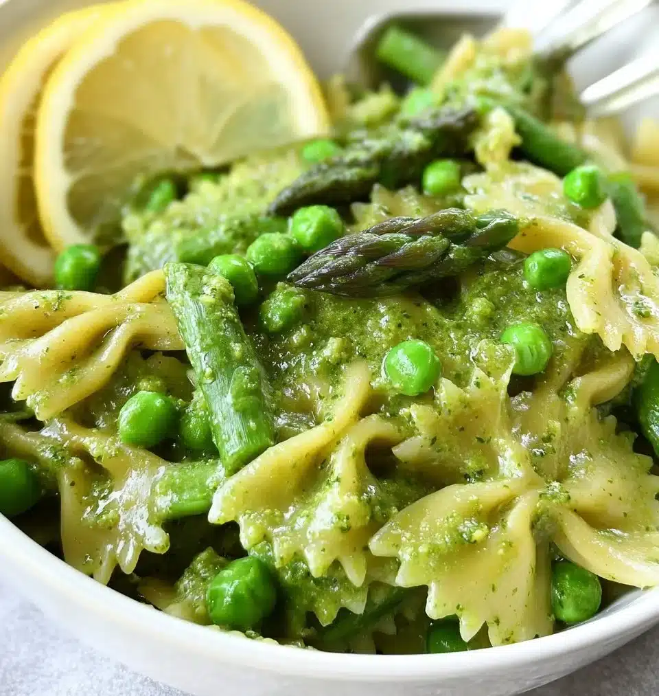 A bowl of vibrant Asparagus Pesto Pasta garnished with fresh herbs.