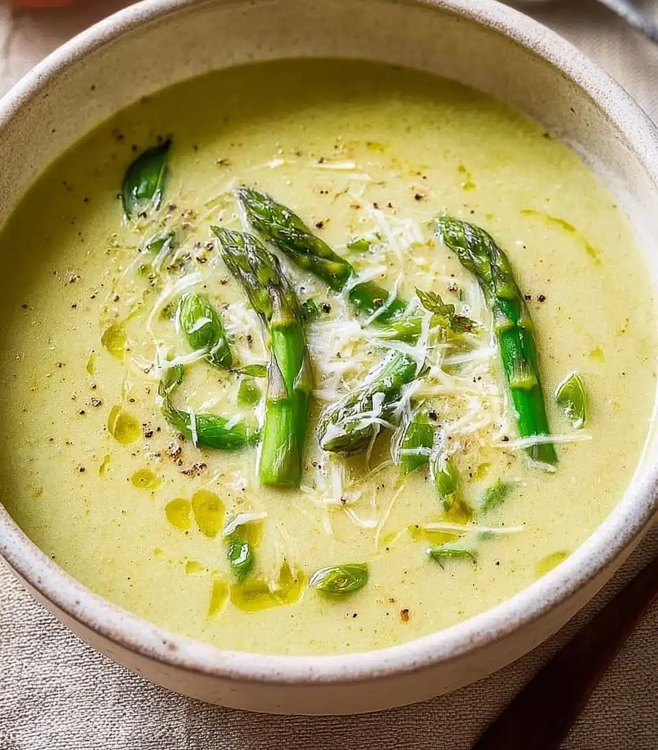 Delicious homemade asparagus soup garnished with fresh herbs.