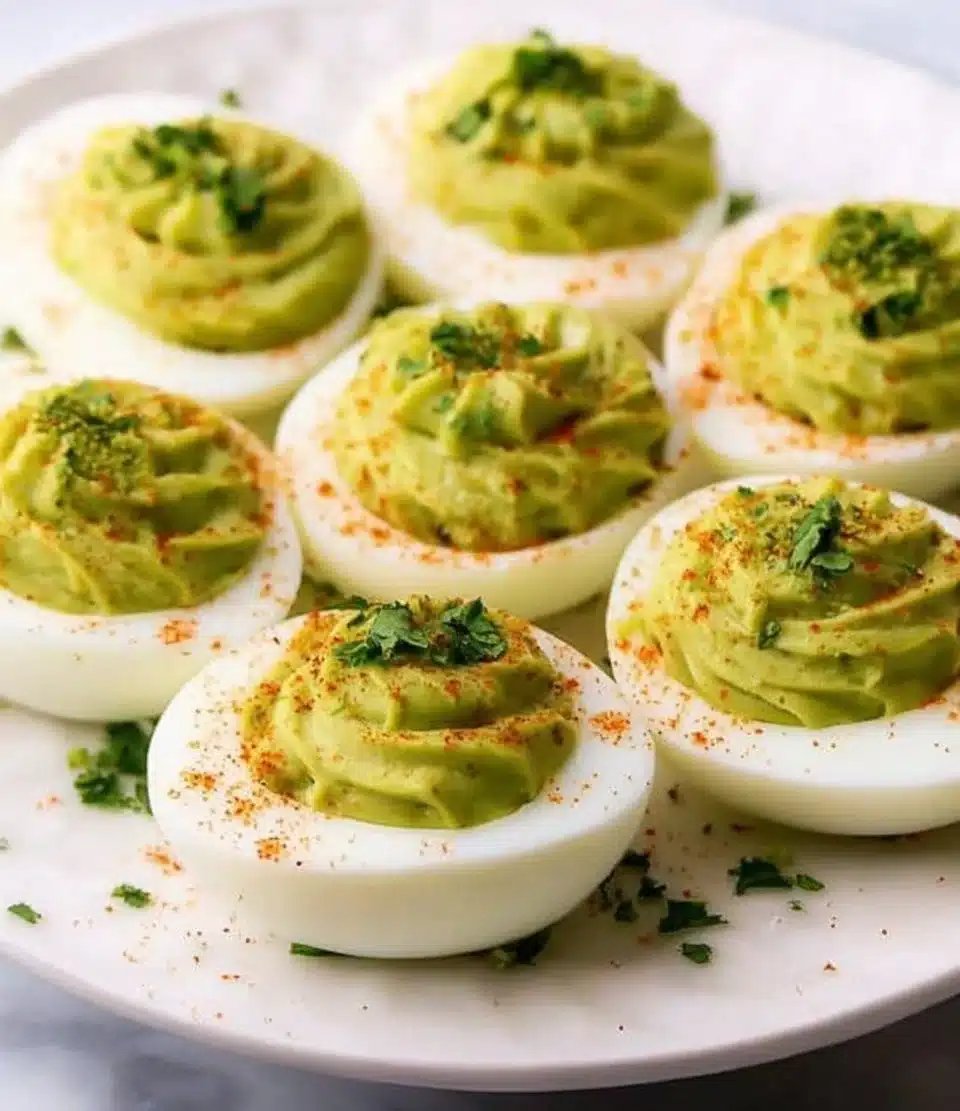 Avocado deviled eggs served on a plate, garnished for presentation.