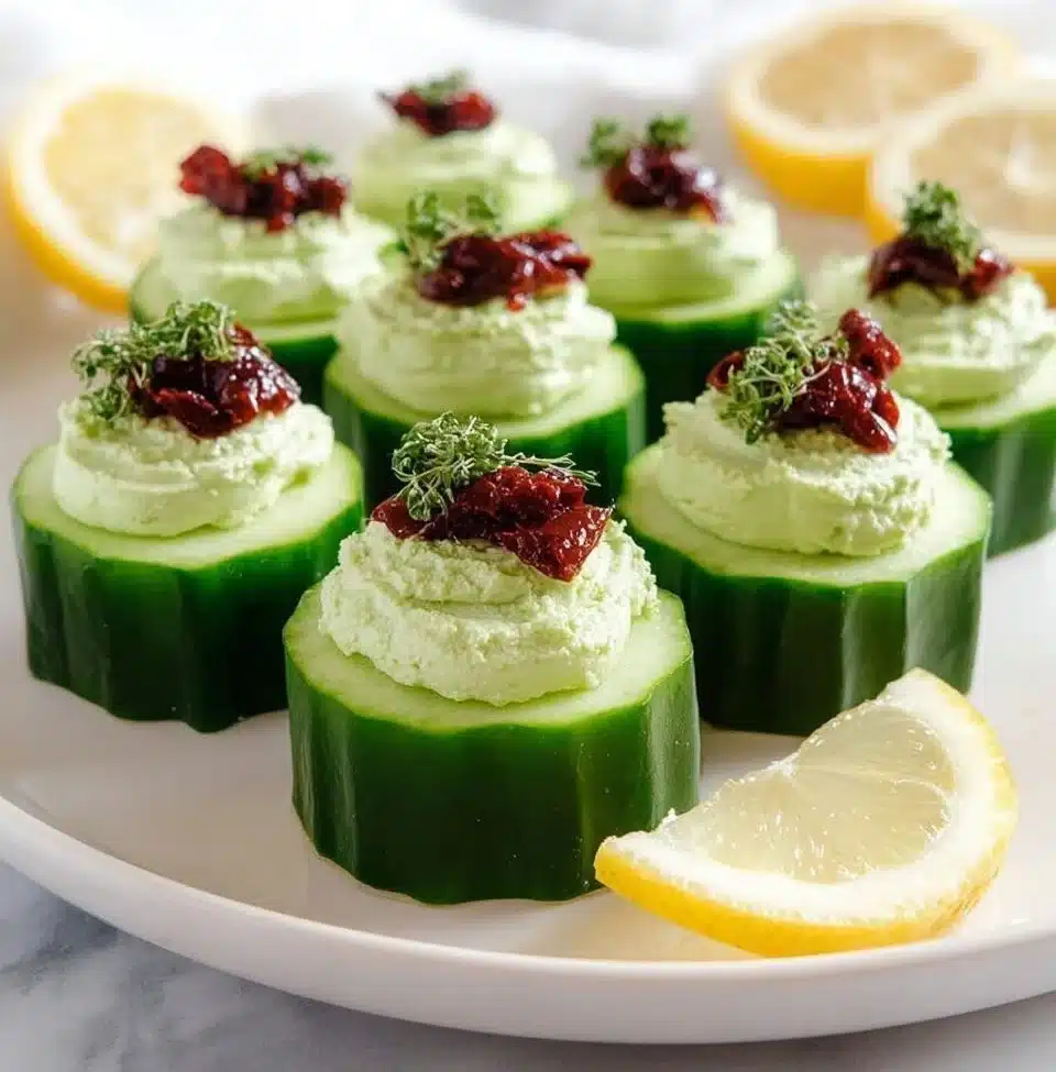 Avocado goat cheese cucumber appetizers arranged on a platter