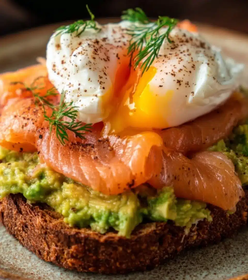 Avocado toast topped with a perfectly poached egg on whole grain bread