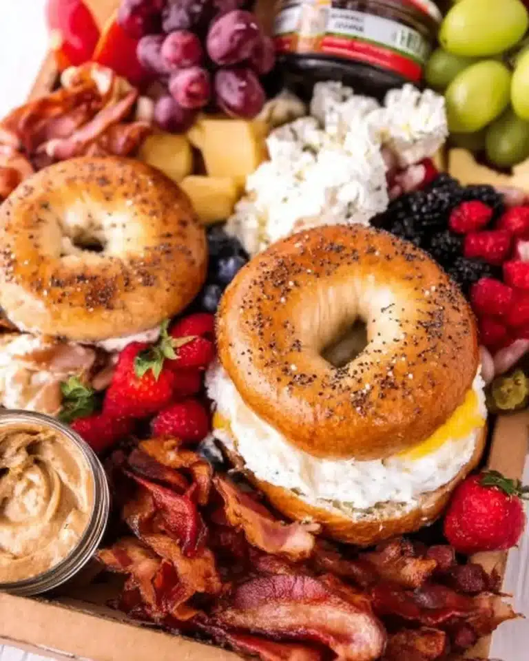 A beautifully arranged Bagel Breakfast Board with various toppings and sides.