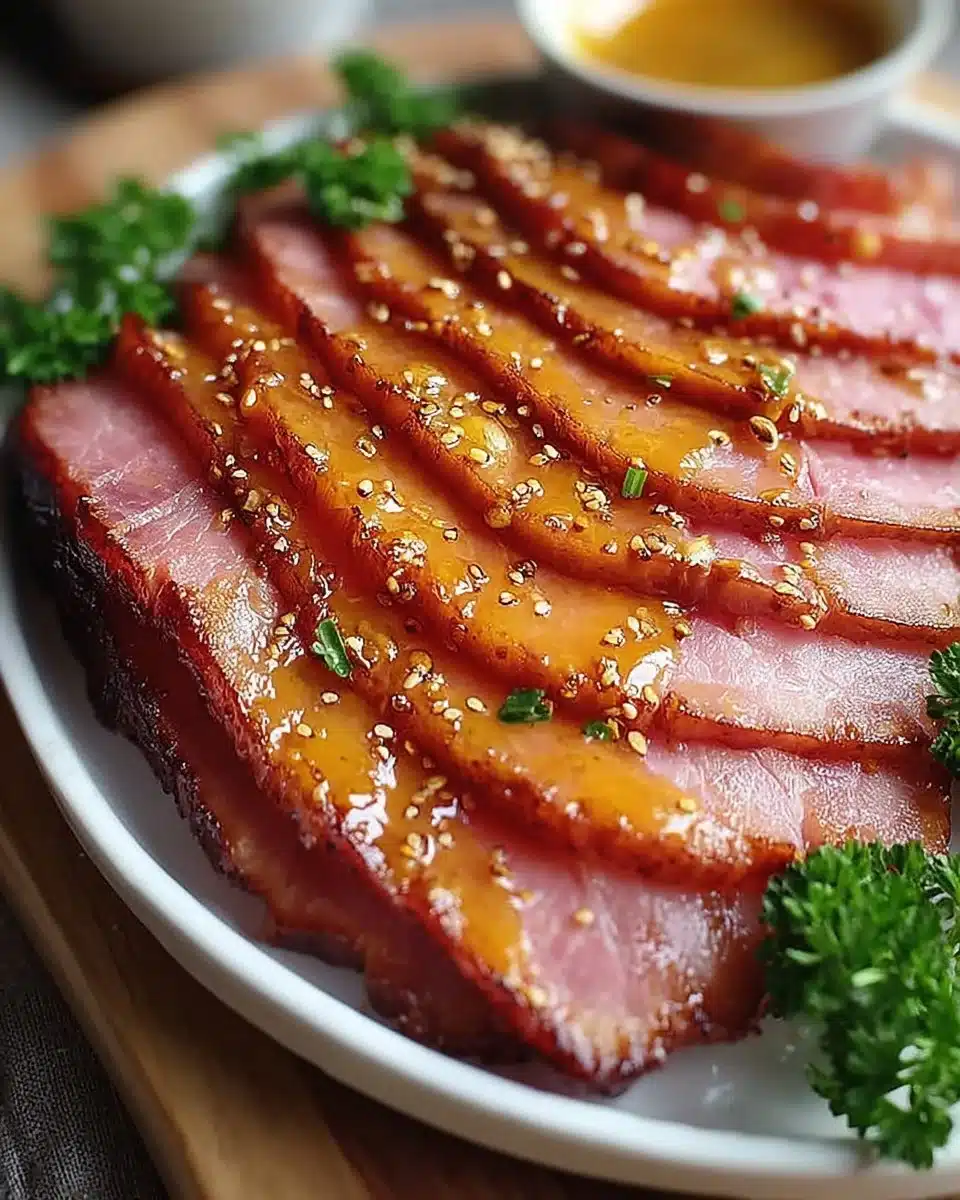 Baked honey ham slices served on a platter, garnished with herbs.
