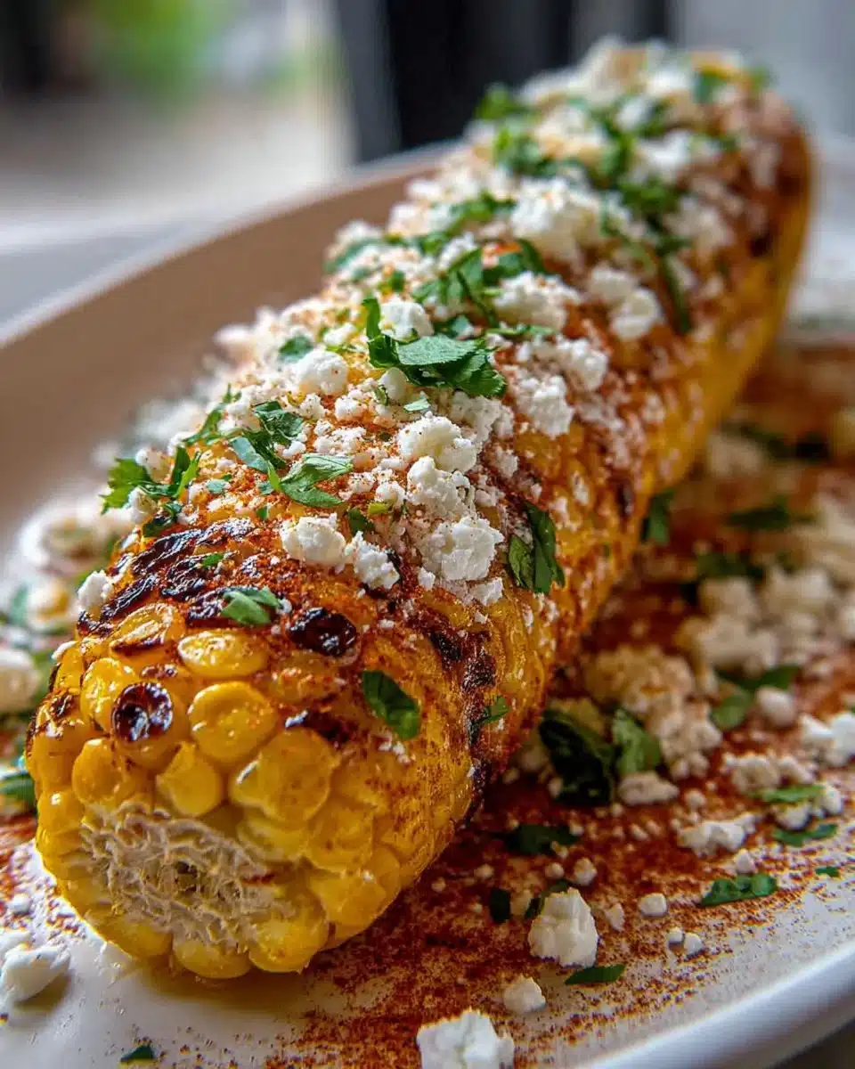 Baked Mexican street corn topped with cheese and spices in a baking dish.