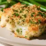Baked Parmesan Crusted Cod served with lemon and herbs on a plate
