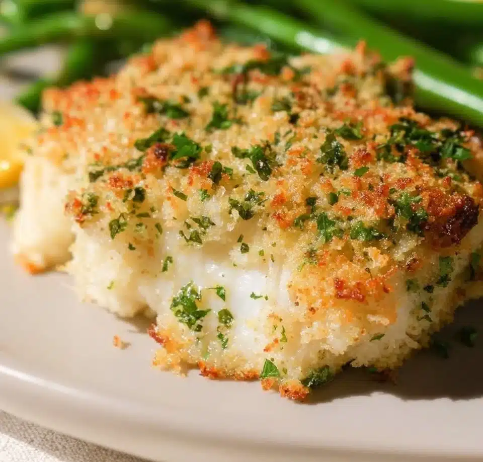 Baked Parmesan Crusted Cod served with lemon and herbs on a plate
