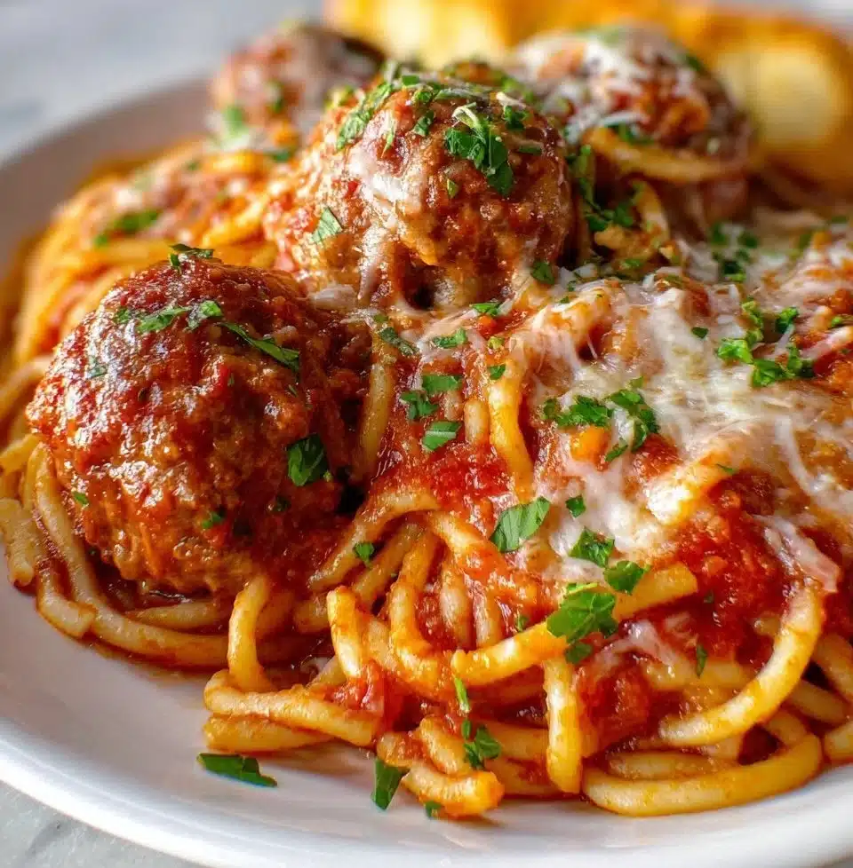 Delicious baked spaghetti & meatballs topped with cheese and herbs