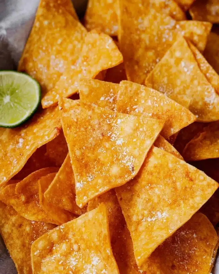 Baked tortilla chips ready for dipping and snacking.