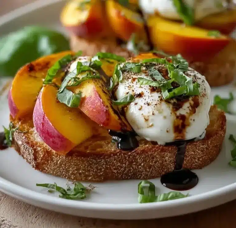 Balsamic Peach Burrata Toast topped with fresh peaches and creamy cheese