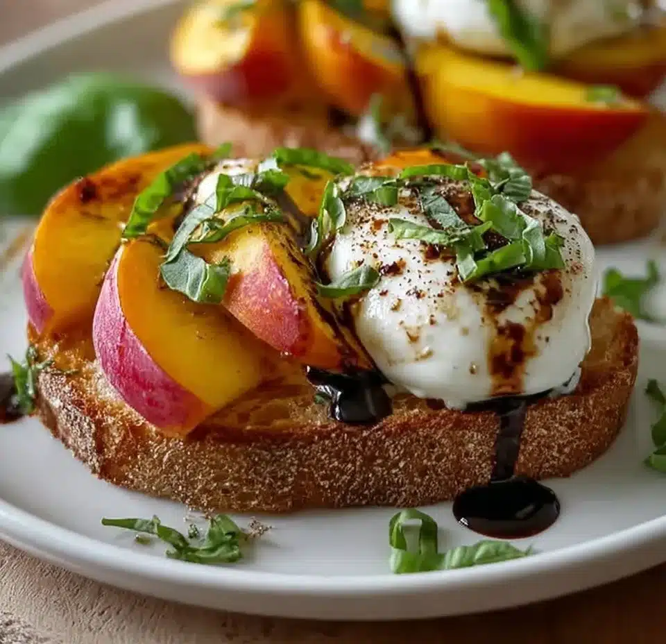 Balsamic Peach Burrata Toast topped with fresh peaches and creamy cheese
