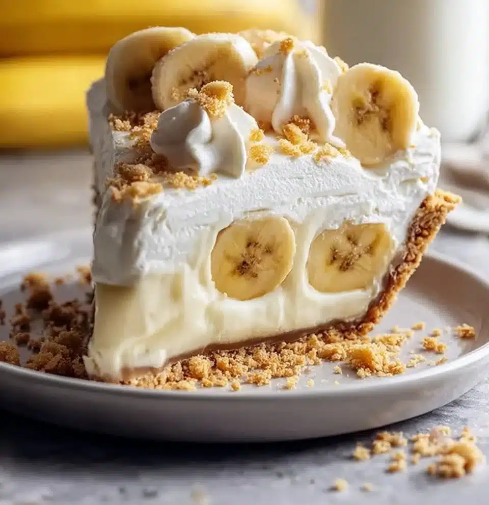 A delicious slice of Banana Pudding Pie topped with whipped cream and banana slices
