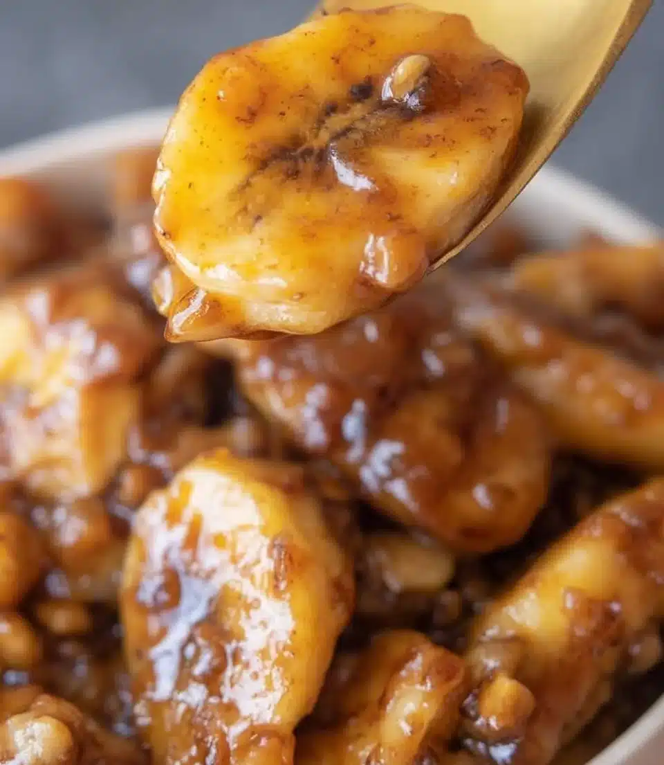 Delicious Bananas Foster dessert garnished with whipped cream and pecans