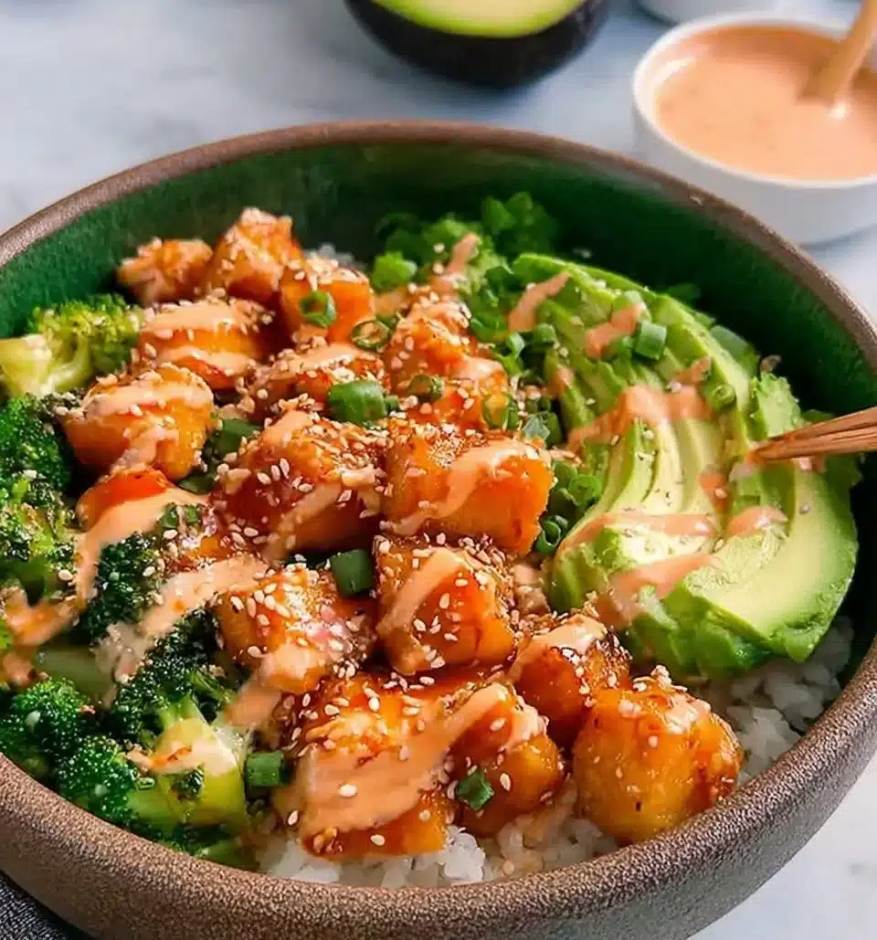 Homemade Bang Bang Salmon Rice Bowls