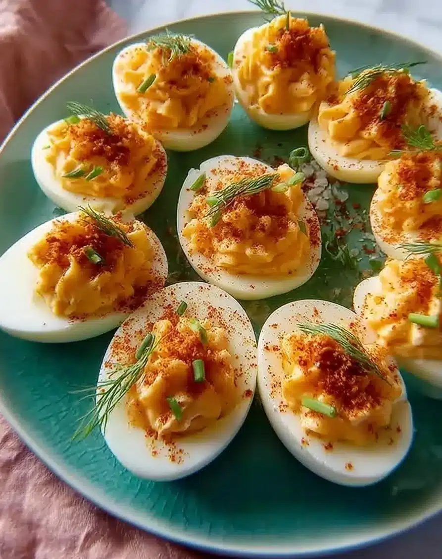 Bang Bang Shrimp Deviled Eggs garnished with herbs