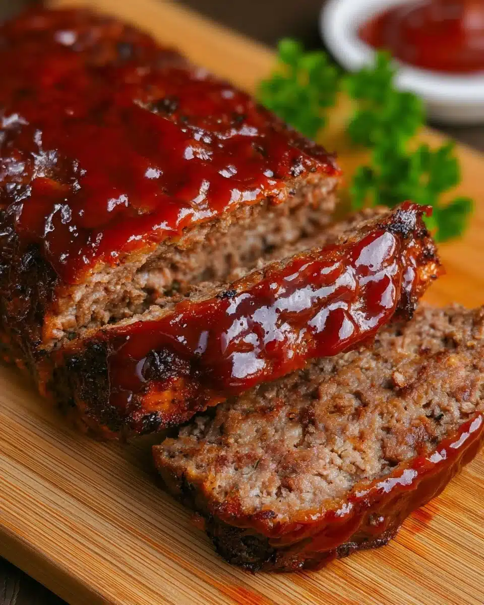 Delicious BBQ Meatloaf served with sauce and garnished for a mouthwatering dish.