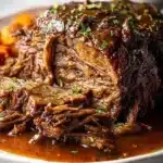 Tender beef brisket served with rich, savory gravy on a plate.