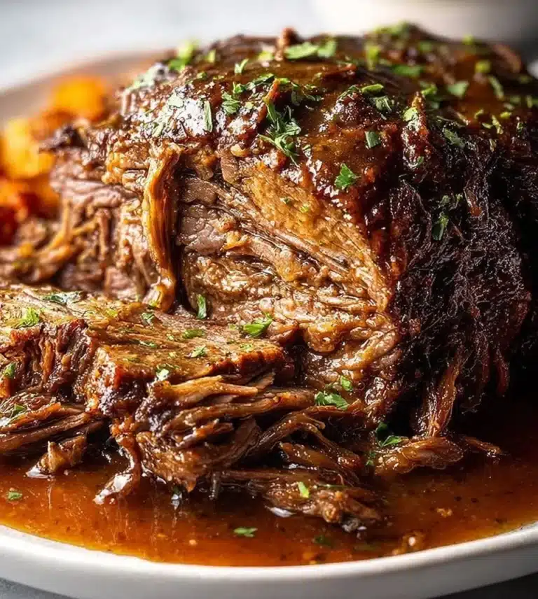 Tender beef brisket served with rich, savory gravy on a plate.