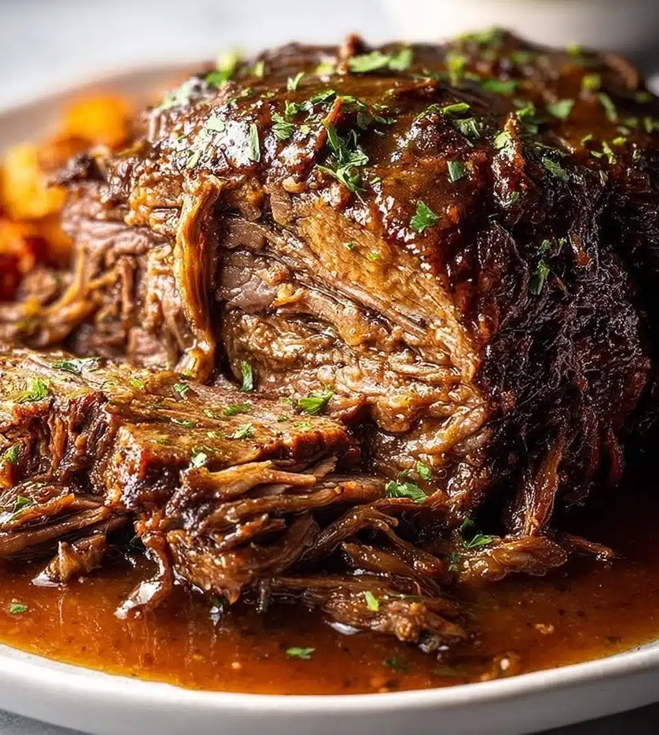 Tender beef brisket served with rich, savory gravy on a plate.