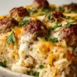 Beef meatball rice bake served in a casserole dish with cheese and herbs