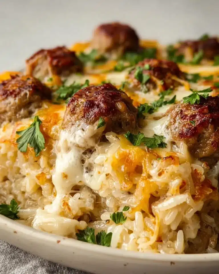 Beef meatball rice bake served in a casserole dish with cheese and herbs