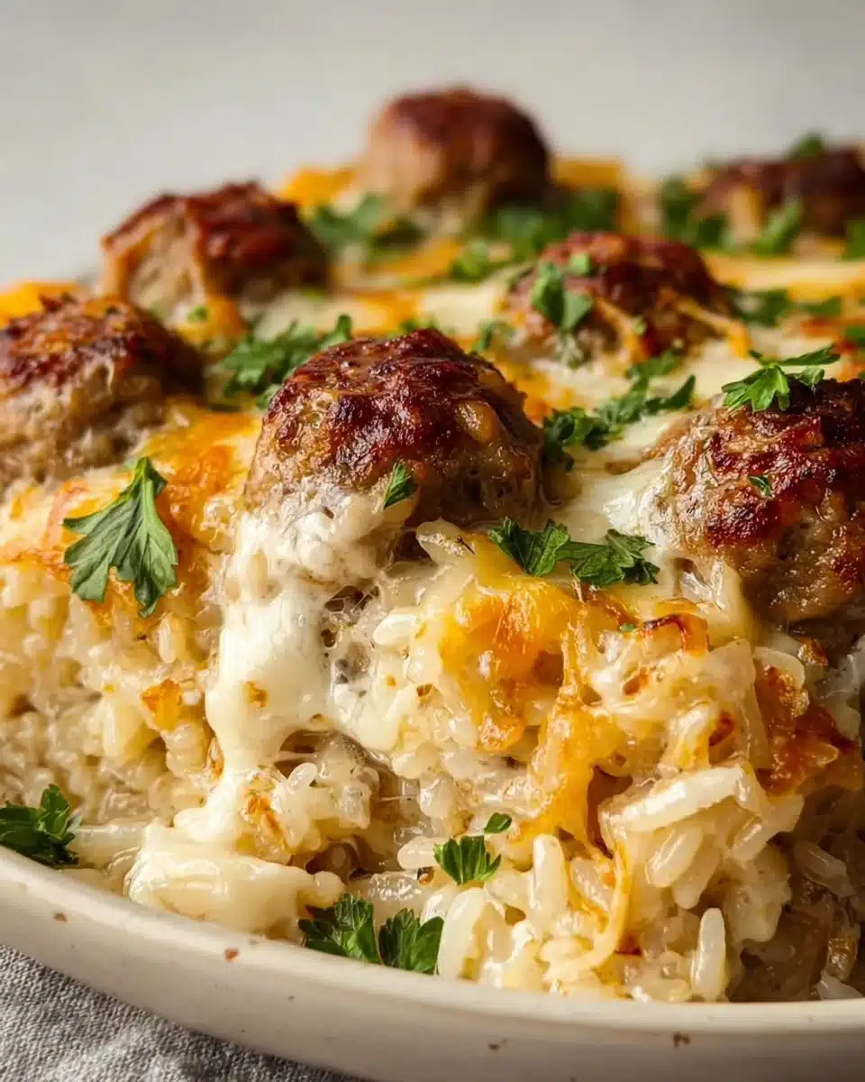 Beef meatball rice bake served in a casserole dish with cheese and herbs