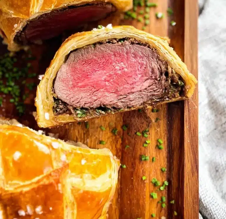 Deliciously golden Beef Wellington with flaky pastry and succulent beef fillet