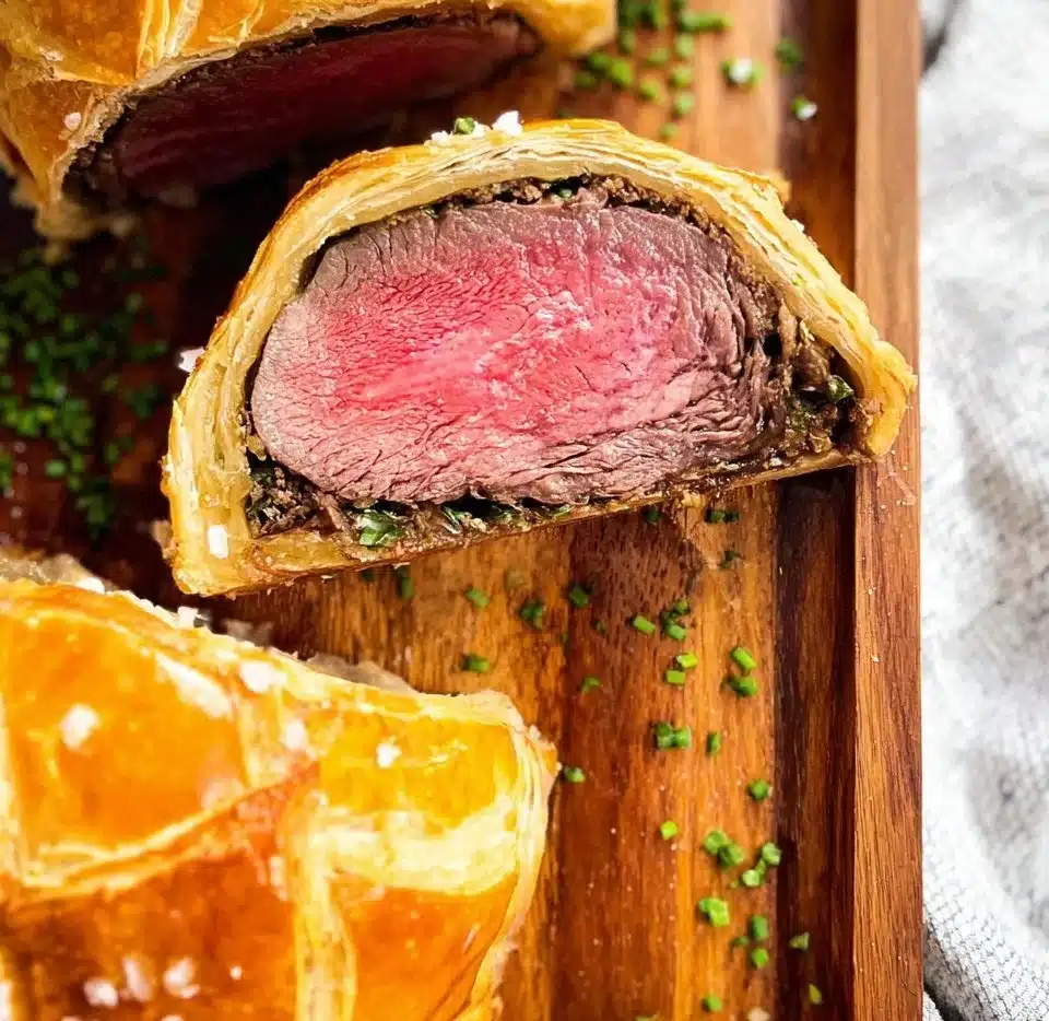 Deliciously golden Beef Wellington with flaky pastry and succulent beef fillet