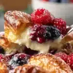 Freshly baked berry croissant topped with mixed berries and glaze
