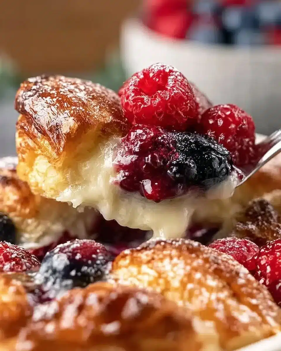 Freshly baked berry croissant topped with mixed berries and glaze