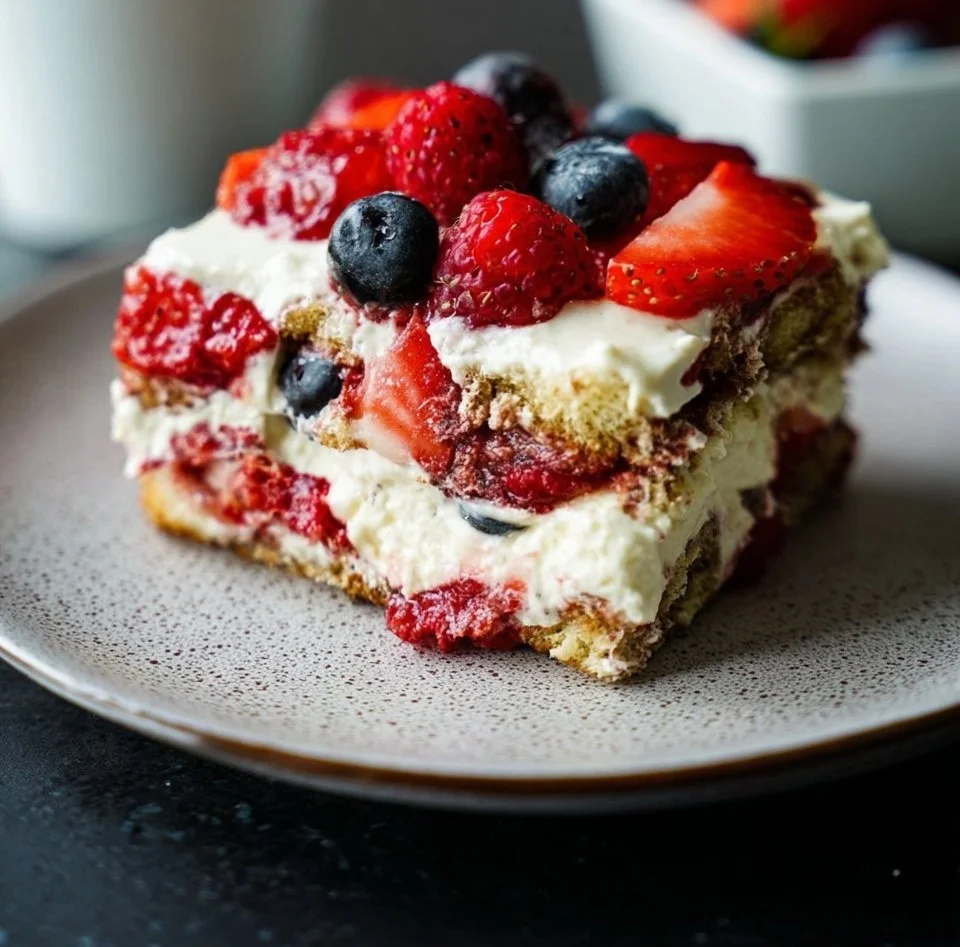 Delicious Berry Tiramisu with layers of fresh berries and mascarpone cream.