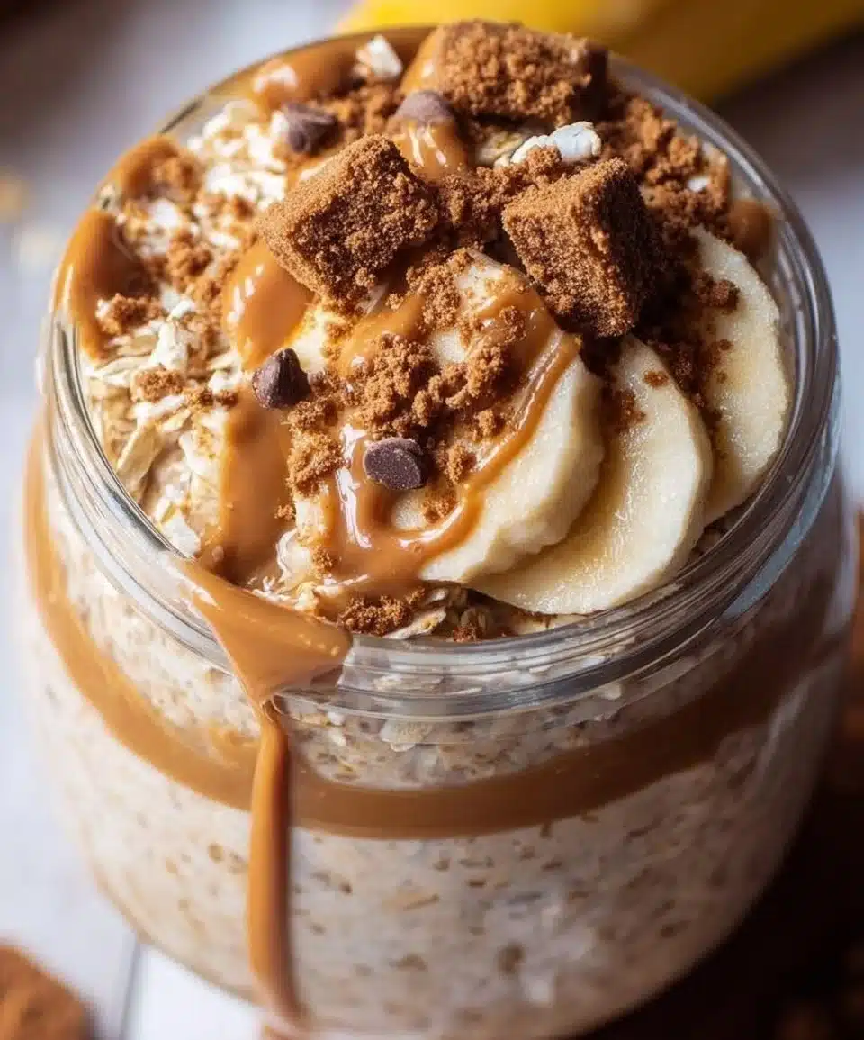 Delicious Biscoff Overnight Oats topped with Biscoff spread and cookie crumbles