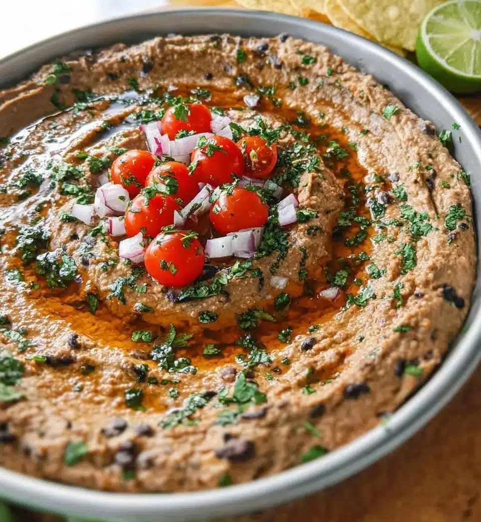 Delicious black bean hummus served with fresh vegetables and pita bread
