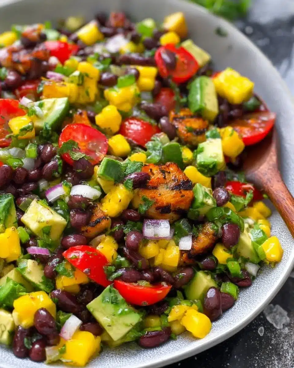 Delicious Black Bean, Mango, and Avocado salad in a colorful bowl.