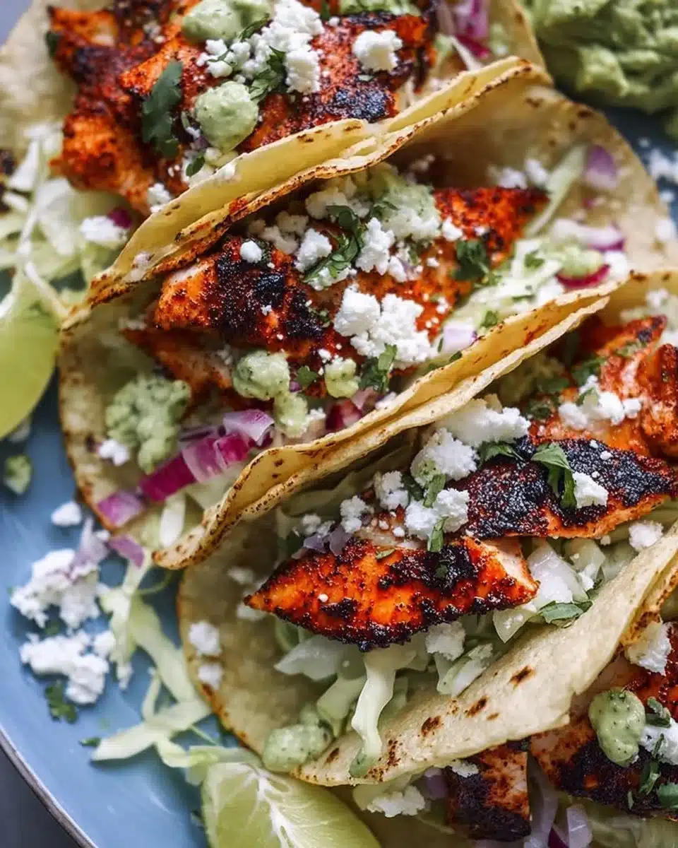 Blackened fish tacos garnished with fresh ingredients and lime wedges