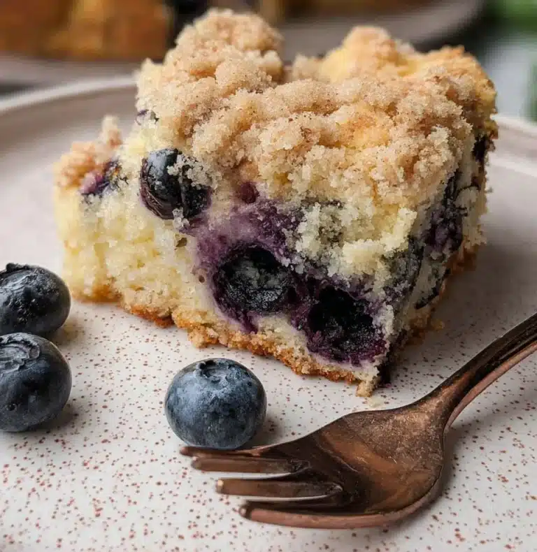 Delicious Blueberry Buckle Coffee Cake topped with fresh blueberries and crumble.