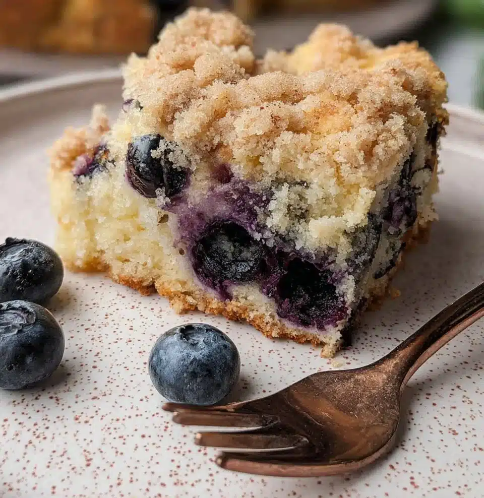 Delicious Blueberry Buckle Coffee Cake topped with fresh blueberries and crumble.