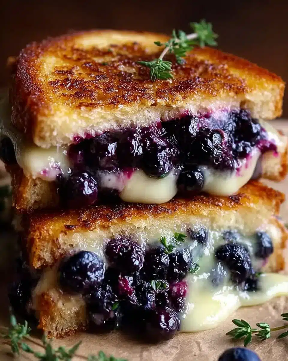 A delicious blueberry grilled cheese sandwich with melted cheese and fresh blueberries