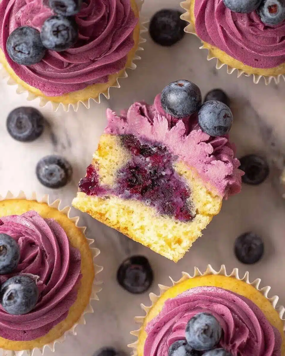 Freshly baked blueberry lemon cupcakes topped with zest and berries