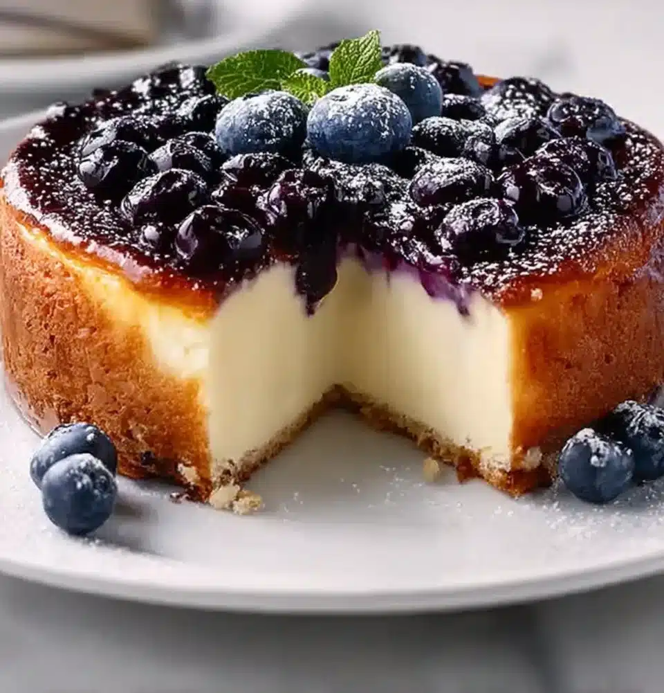 Blueberry Ricotta Cake served on a white plate with fresh blueberries garnishing