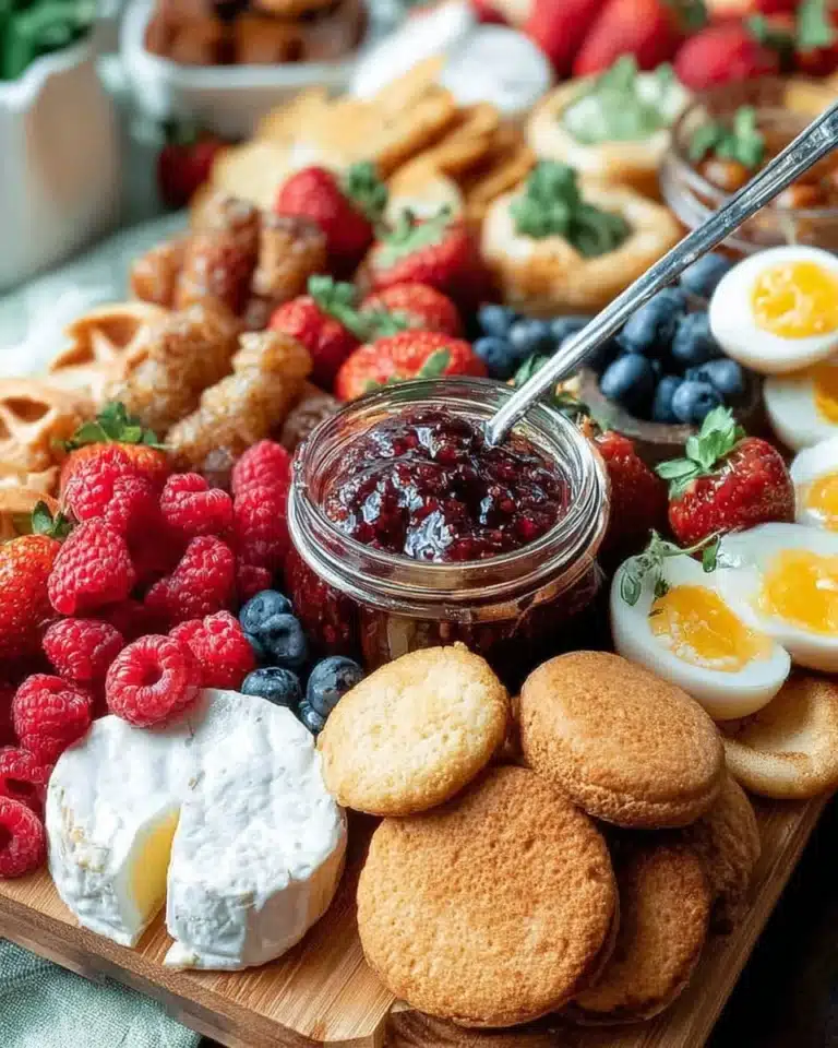 A beautifully arranged breakfast charcuterie board with fruits, cheeses, and pastries.