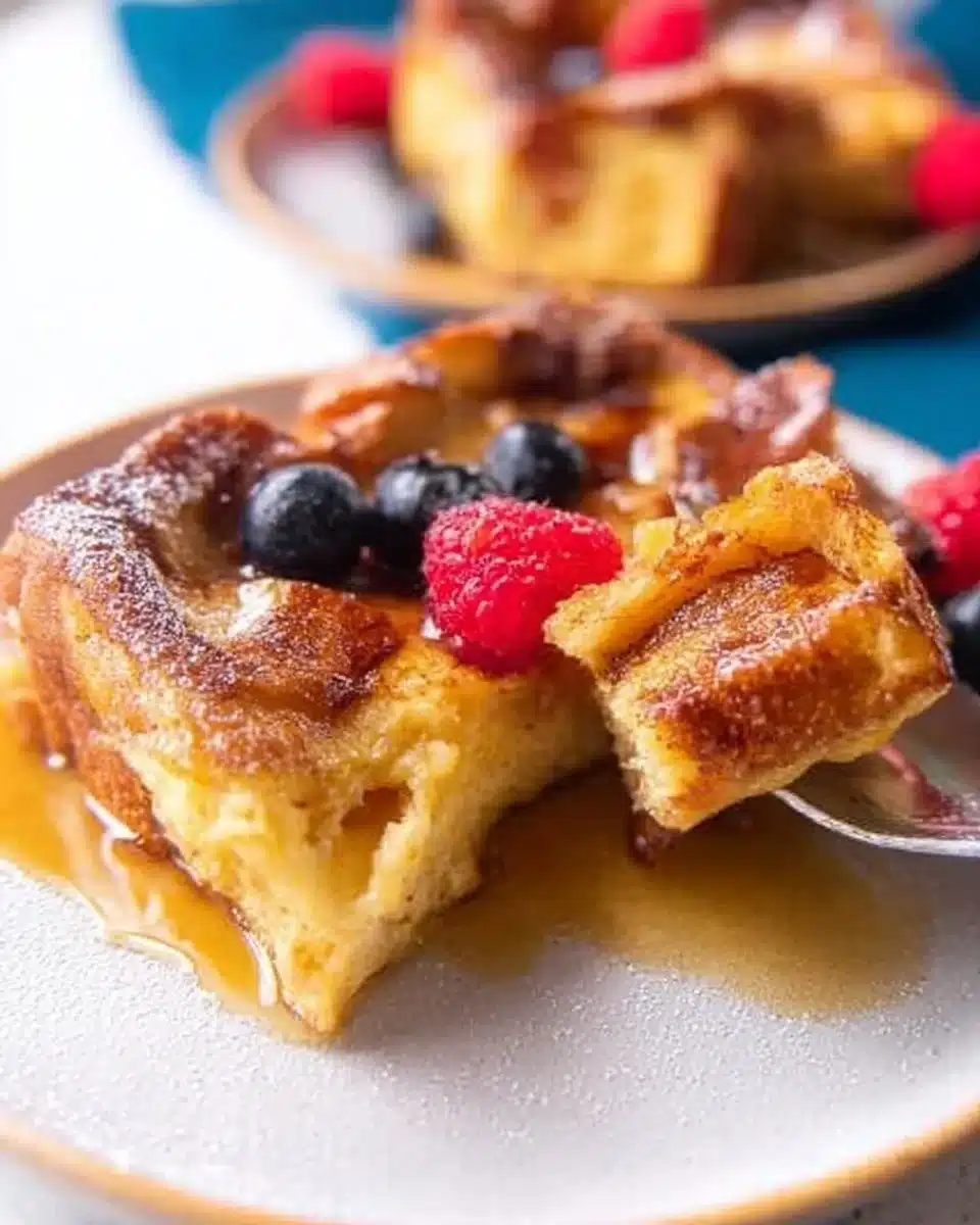 Brioche French Toast Casserole served in a dish, topped with syrup and fruit.
