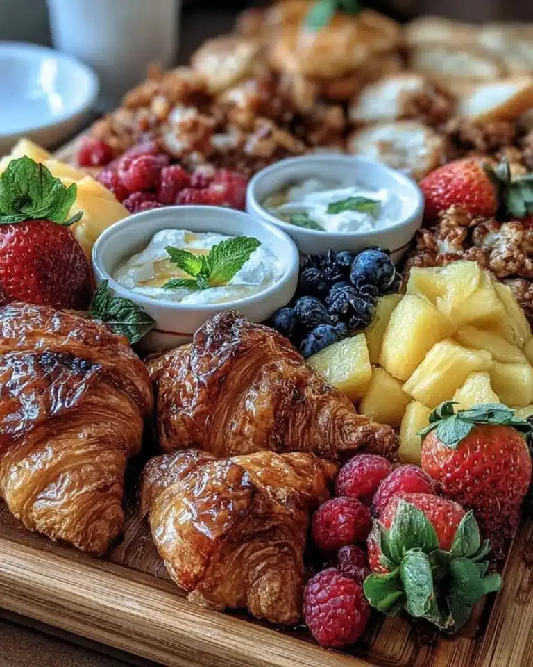 A beautifully arranged brunch board with assorted fruits, cheeses, and pastries.